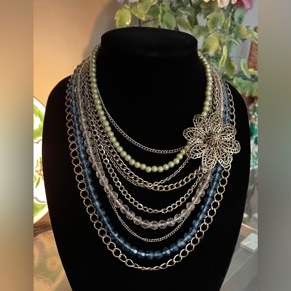 Vintage Multi Strand Statement Necklace w/Floral Openwork Ornament